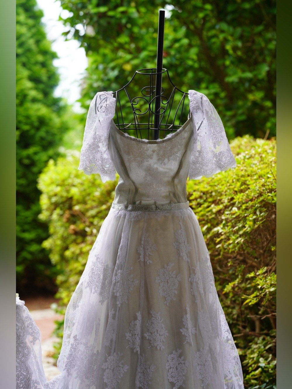 Vintage Ivory & Sage Lace Floral Appliqué Gown | Romantic Off-Shoulder Wedding - Picture 3 of 16